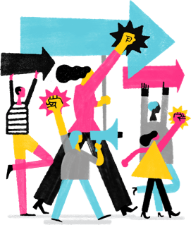 Illustration of a group of activists with their fists in the air, holding megaphones and signs