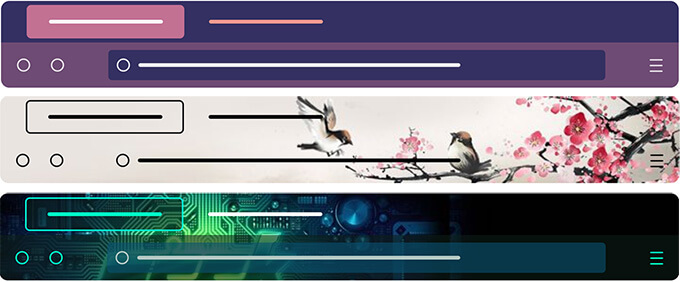 Imej tiga tema Firefox yang disesuaikan: tema ungu gelap dan merah jambu dengan rona putih dan oren, tema beige cerah memaparkan lukisan warna air burung dan pokok ceri yang mekar, serta tema hitam gelap dan hijau memaparkan corak litar berteknologi tinggi.