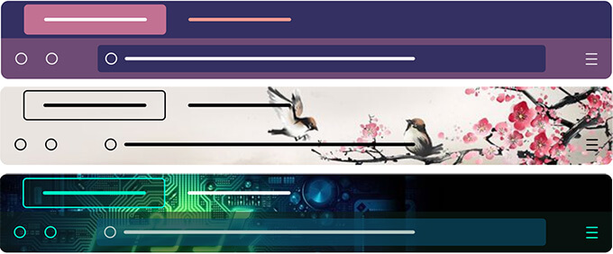 Imagem de três temas personalizados do Firefox: um tema escuro roxo e rosa com detalhes em branco e laranja, um tema claro bege com uma pintura em aquarela de pássaros e flores de cerejeira e um tema escuro preto e verde com um padrão de circuito tecnológico.