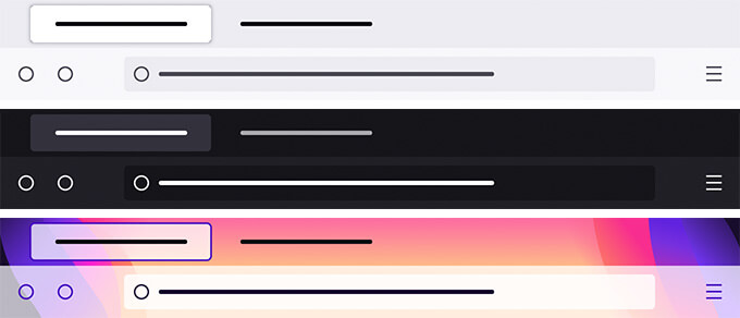 Obrázek výchozích motivů, které jsou dodávány s Firefoxem, zobrazující světlé, tmavé a barevné varianty.