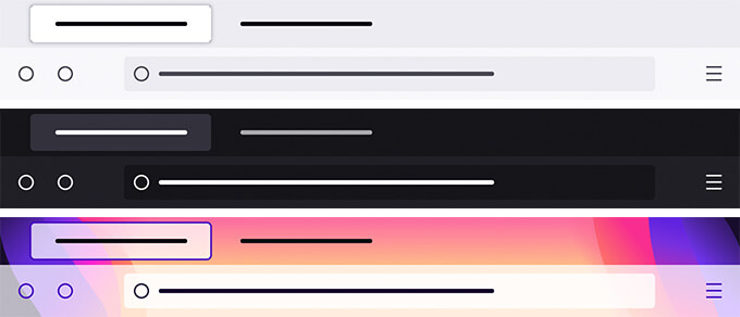 Image of the default themes that come with Firefox, showing light, dark and colorful variations.