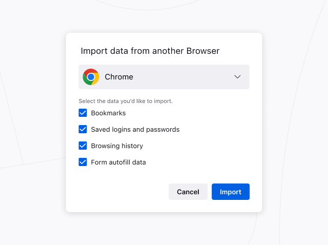 Imagen del diálogo del asistente de importación de Firefox, mostrando opciones para importar configuraciones y datos de otros navegadores.