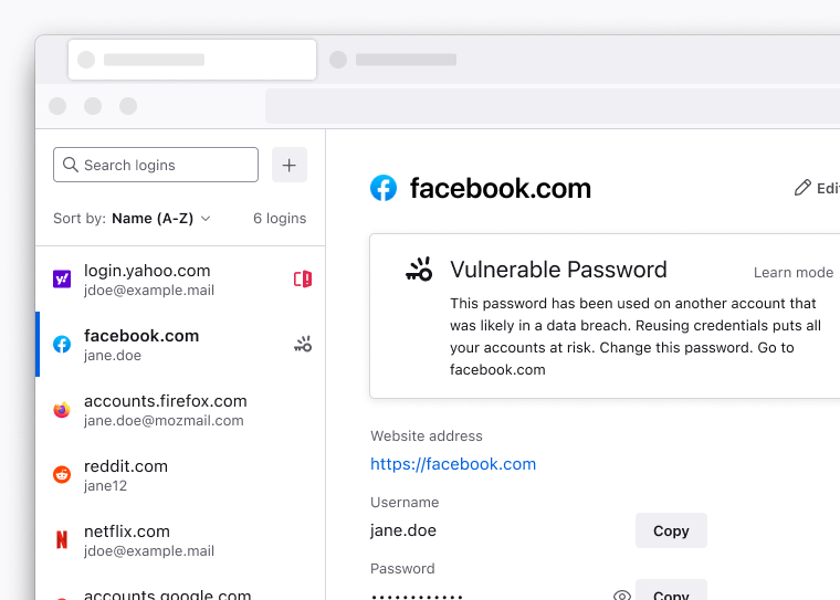 Obrázek správce hesel Firefoxu zobrazující výstražnou zprávu ve znění “Toto heslo bylo použito na jiném účtu, u kterého pravděpodobně došlo k úniku dat. Opakované používání přihlašovacích údajů ohrožuje všechny vaše účty. Změňte toto heslo.”