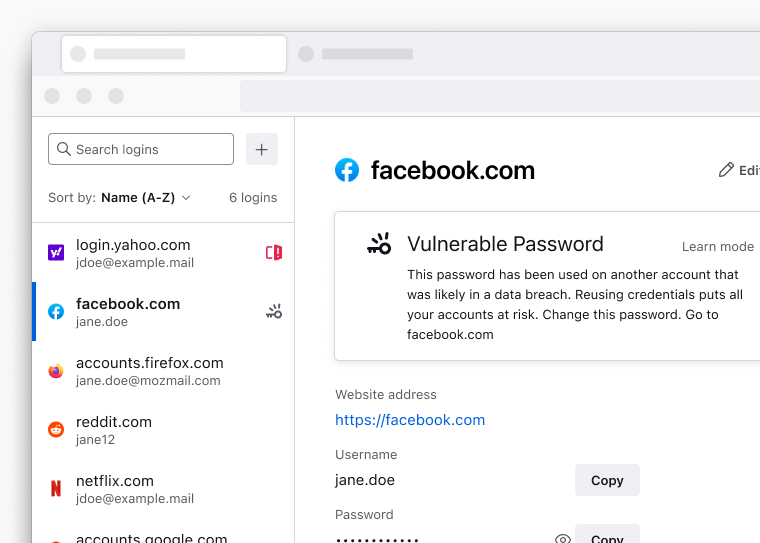 Delwedd o reolwr cyfrinair Firefox yn dangos neges rhybudd sy'n dweud “Mae'r cyfrinair hwn wedi cael ei ddefnyddio ar gyfrif arall a oedd yn debygol o fod yn rhan o dor-data. Mae ailddefnyddio manylion adnabod yn peryglu eich holl gyfrifon. Newidiwch y cyfrinair hwn.