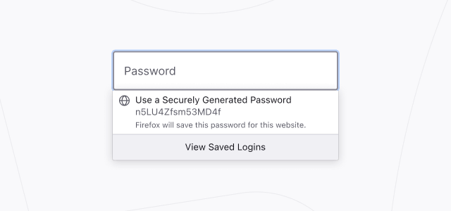 Изображение формы регистрации на веб-сайте с Firefox, предлагающим надежный пароль, который будет автоматически сохранен для использования в будущем.