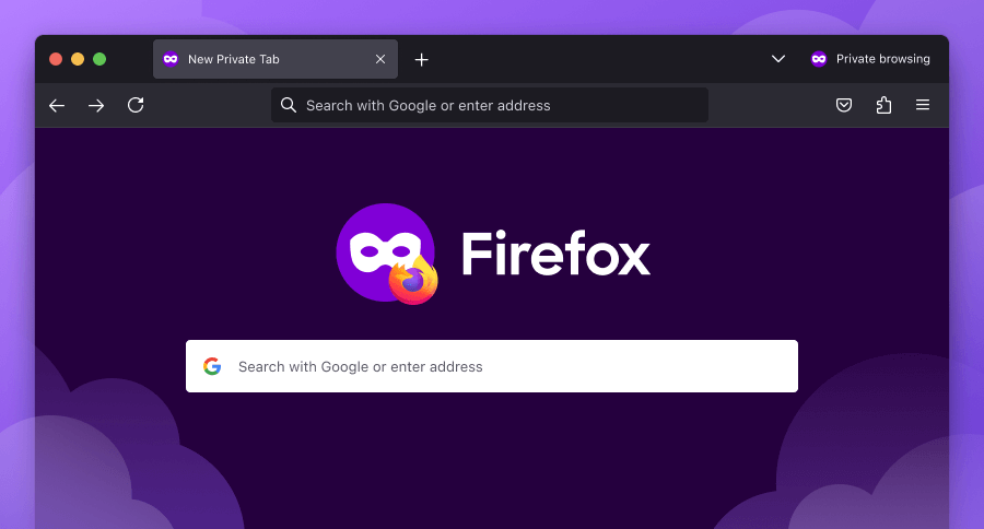 プライベートブラウジングモードの Firefox ブラウザーウィンドウ。