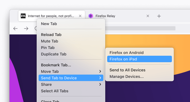 Een afbeelding van een Firefox-toepassingsmenu waarin de optie ‘Tabblad naar apparaat verzenden’ wordt geaccentueerd.