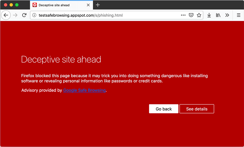 Firefox zeigt anstelle der Website eine Warnung an, wenn bekannt ist, dass es sich um eine Phishing-Site handelt.