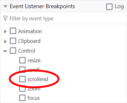 Screenshot of Breakpoint options showing new scrollend event availability