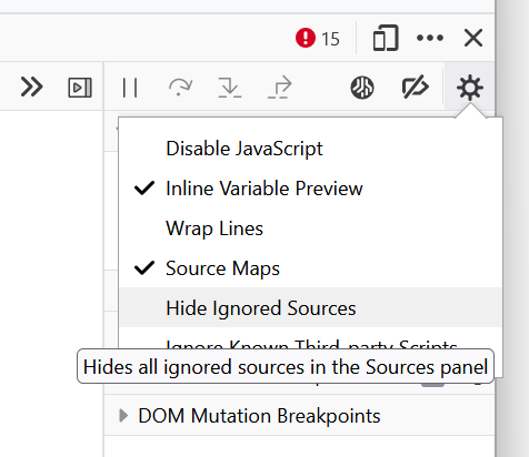 developer tools screenshot of the Hide ignore-listed sources option