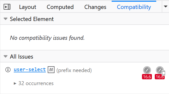 Screenshot showing CSS compatibility icon for a property shown in the Inspector