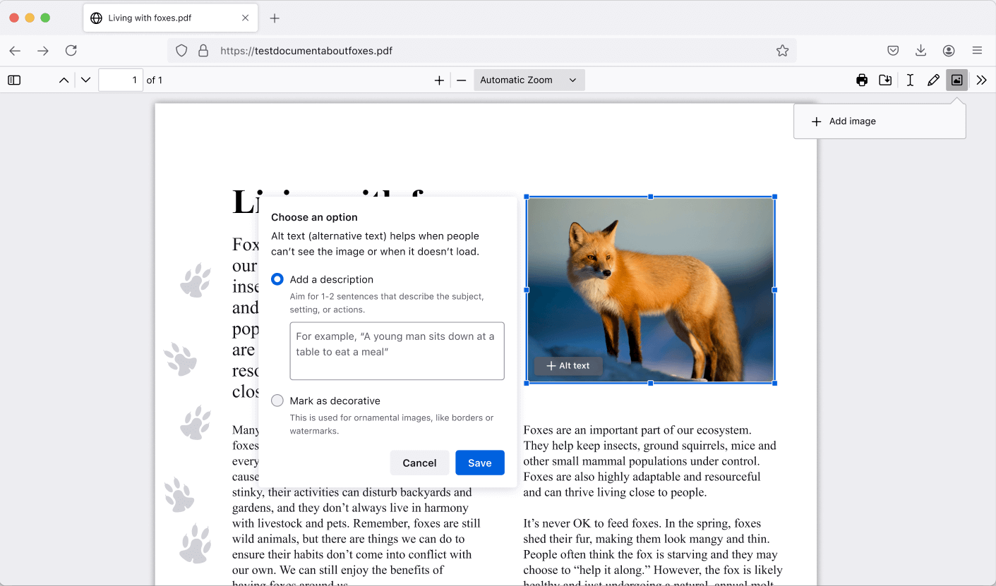 screenshot of a photo of a red fox being added to a PDF. The alt text tool is open to the left of the photo, ready for a description to be added.