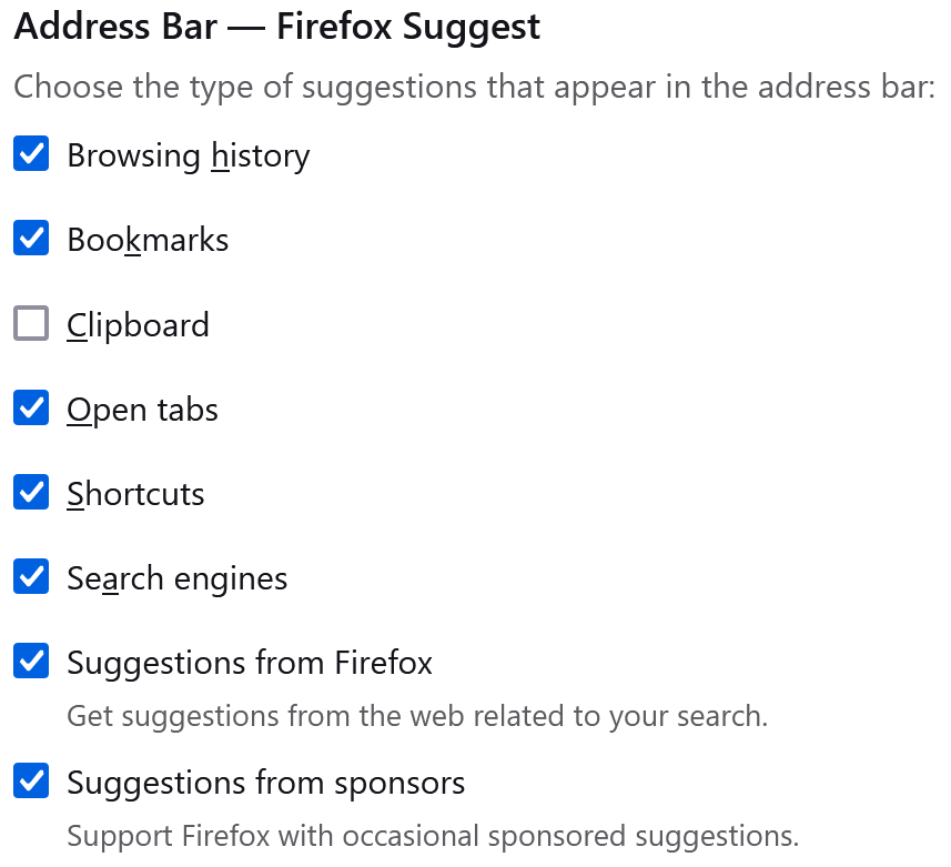 Screenshot showing the Clipboard option unselected in the Firefox Suggest preferences