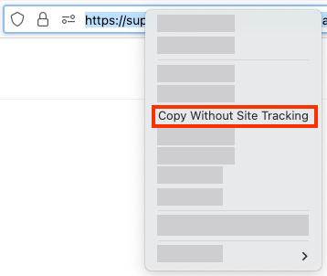 screenshot of the context menu when right clicking a URL and demonstrating the Copy Without Site Tracking option
