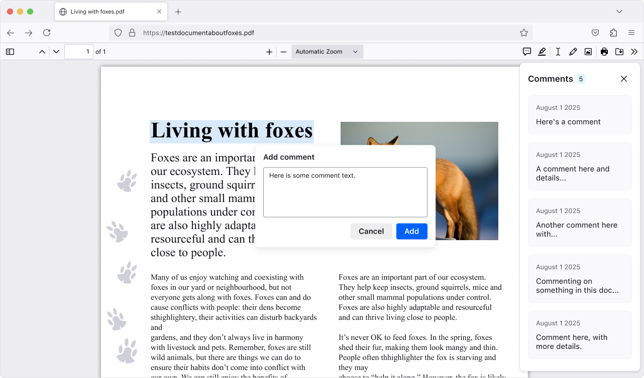 A screenshot of the add comment functionality in the Firefox PDF Viewer, plus the comment sidebar.