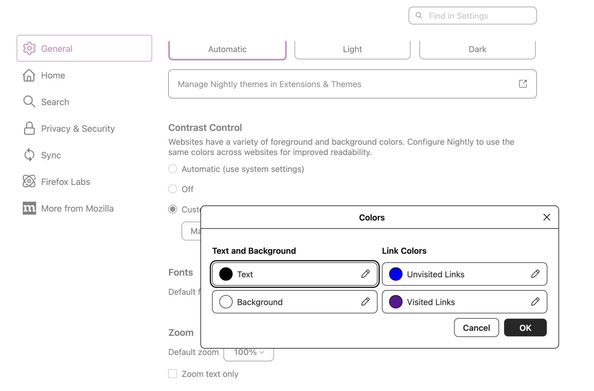 Colors dialog in Settings