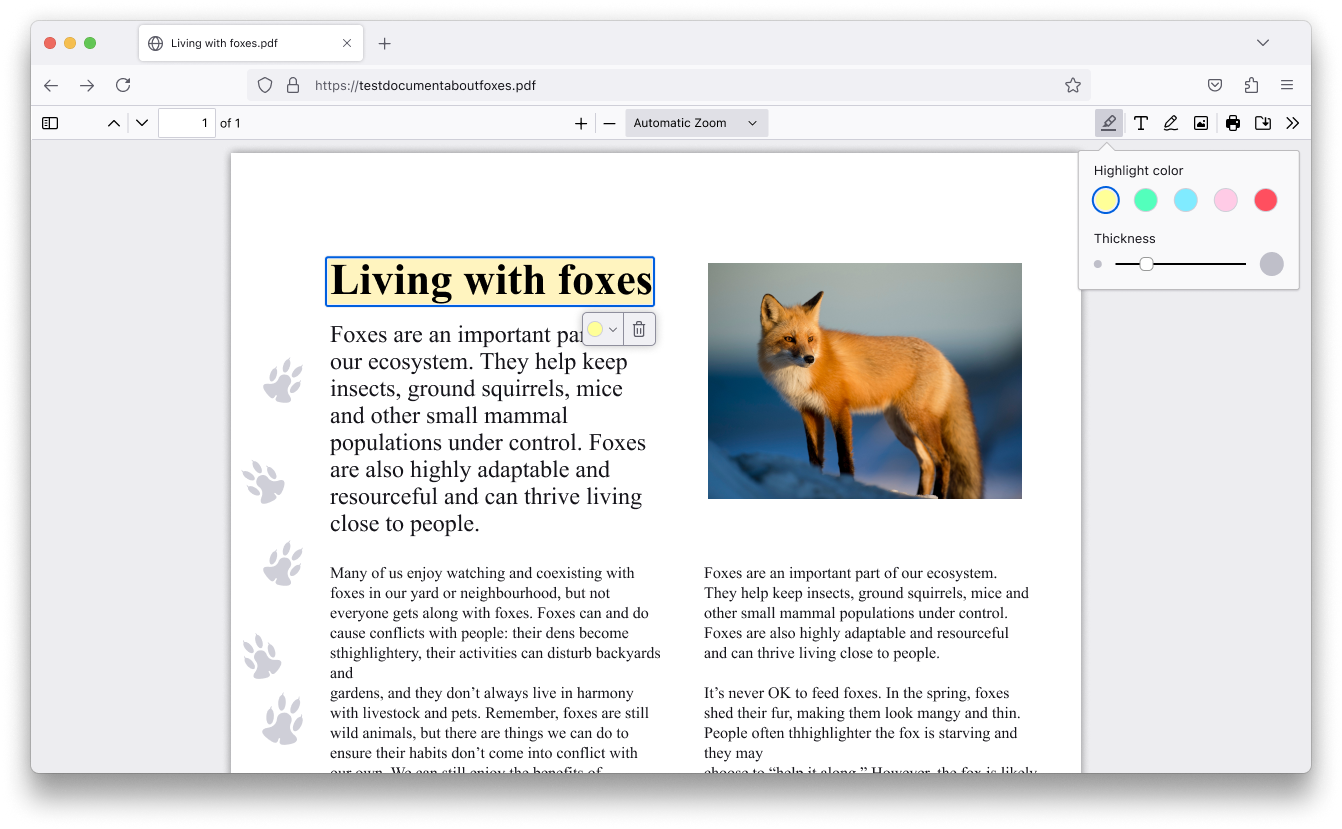 Evidenziazione del testo in Firefox 125
