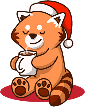 An adorable cartoon red panda wearing a Santa hat, sipping a steaming mug of hot cocoa.