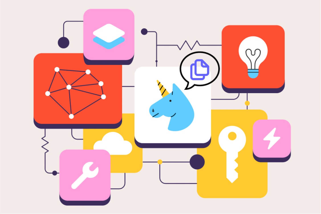 A network of different web images (such as a key, cloud, lightbulb, and wrench) that encircles a unicorn, which produces a speech bubble that contains the Copy/Paste icon